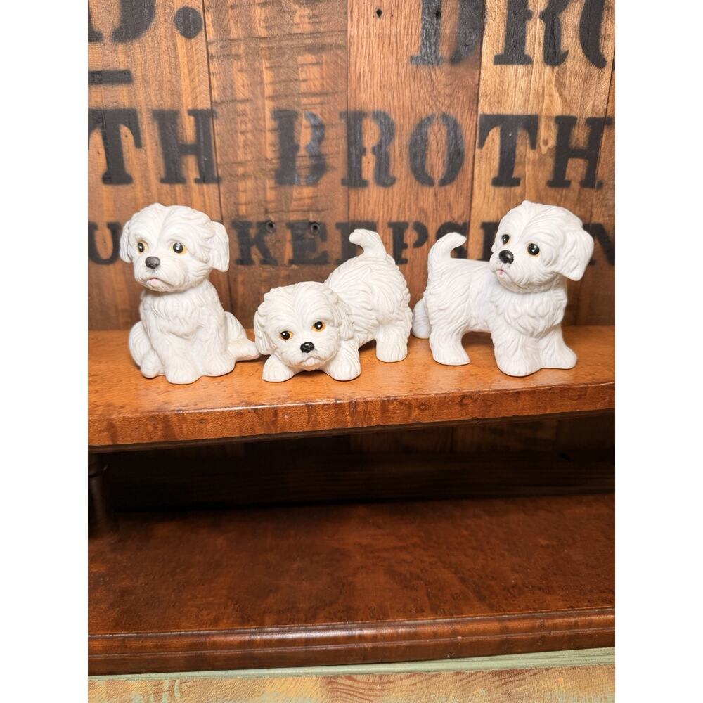 Vintage HOMCO White Maltese Dog Puppies Ceramic Figurines #1411 Set Of 3